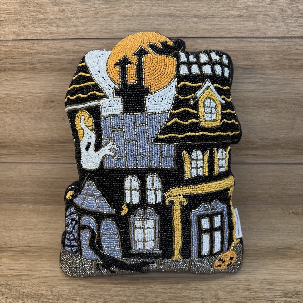 Cupcakes & Cashmere Halloween Haunted House Beaded Pillow 12x16 Spooky Boo